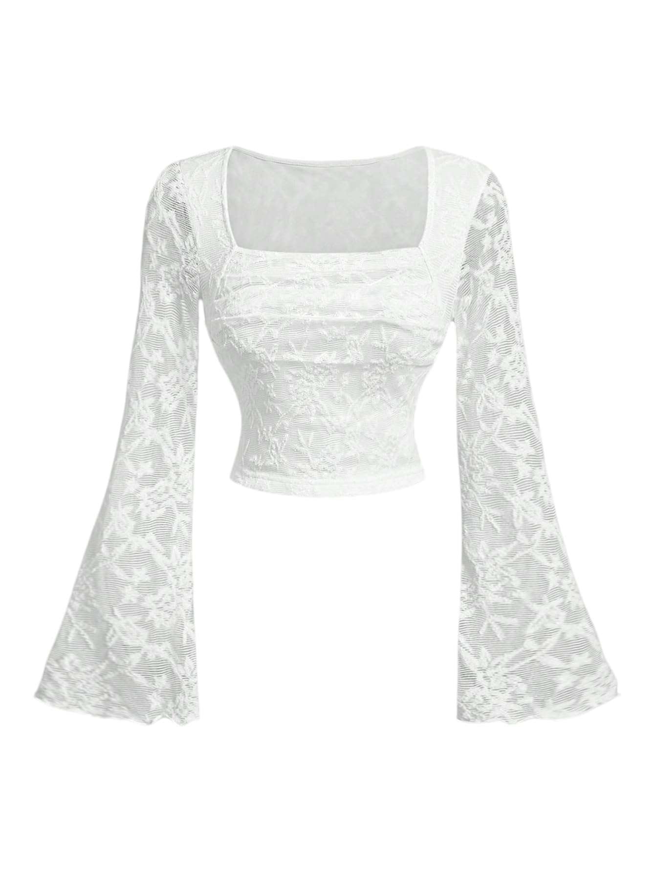 GORGLITTER Women's Bell Long Sleeve Lace Tops Square Neck Floral Sheer See Through Going Out Crop Top Vacation Outfits