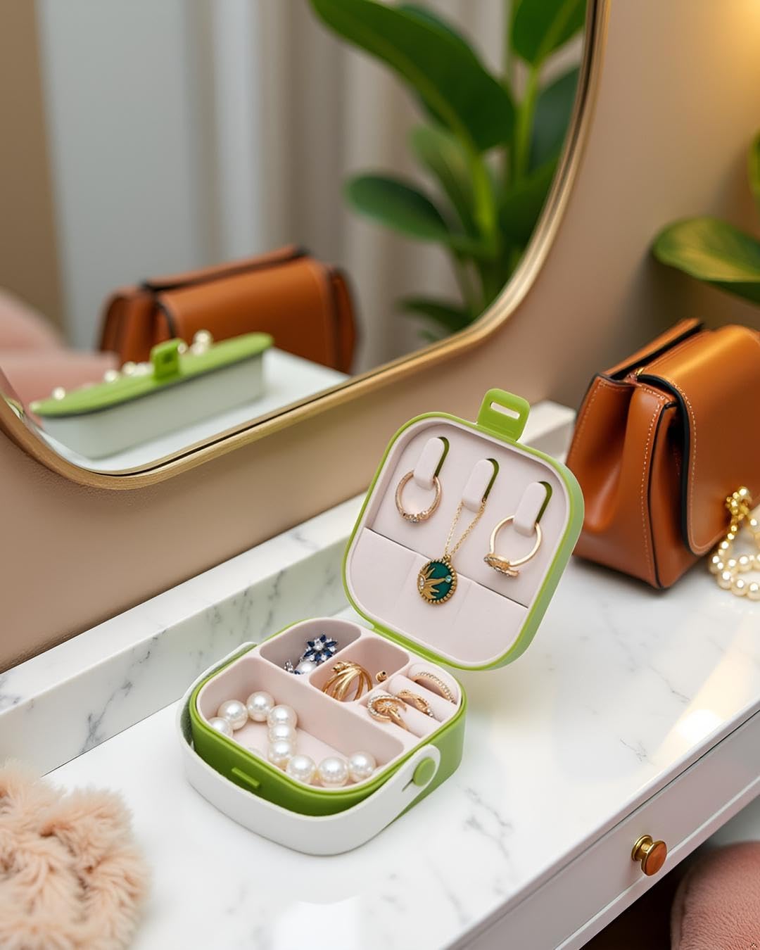Portable Jewelry Box Travel, Small Jewelry Organizer for Mothers Day, Mini Travel Case Display Storage Holder Boxes, Green LCC576-05