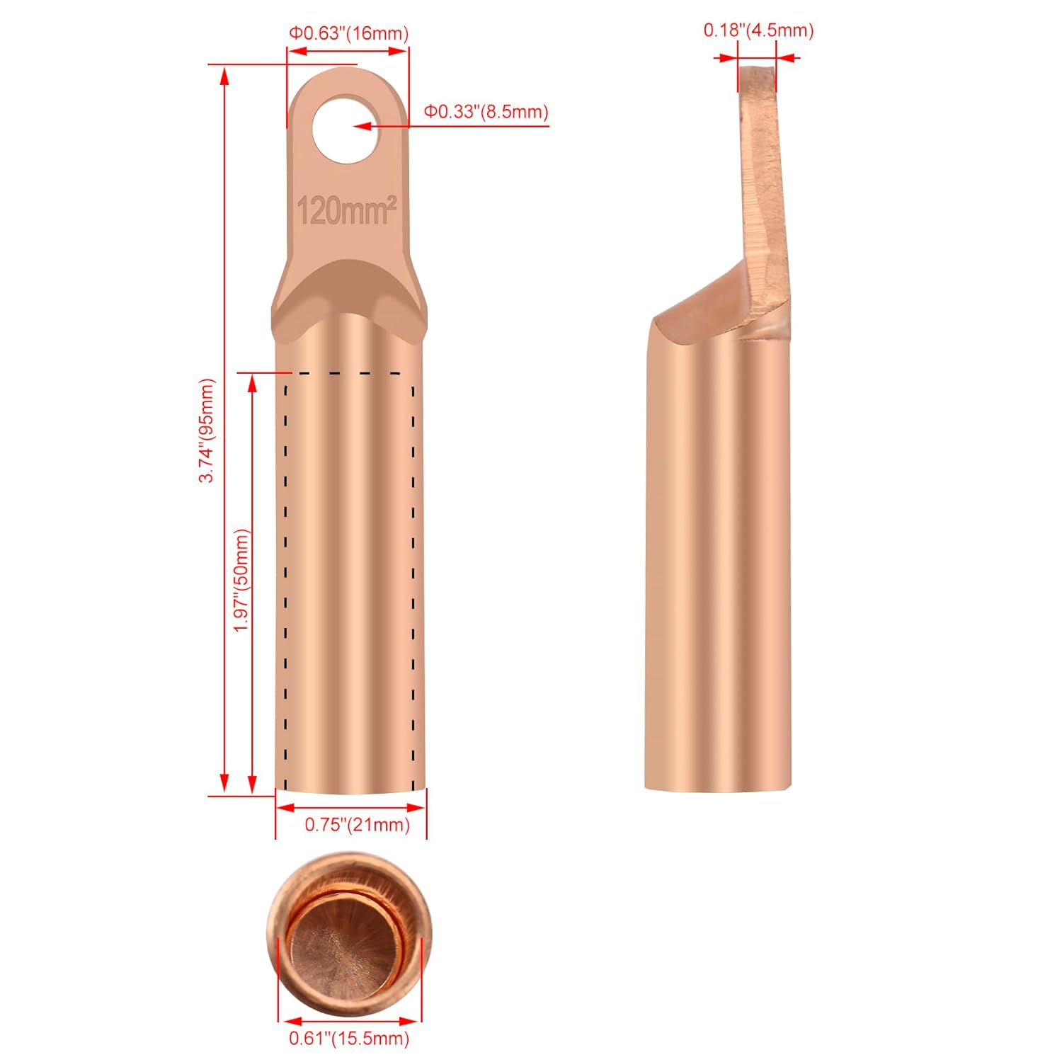 Heschen 4pcs, Copper Cable Lugs, DTZ-120 120mm², Bolt Hole, Ring Terminals Connectors, For MCCB Cable Ends and Battery Cable Ends