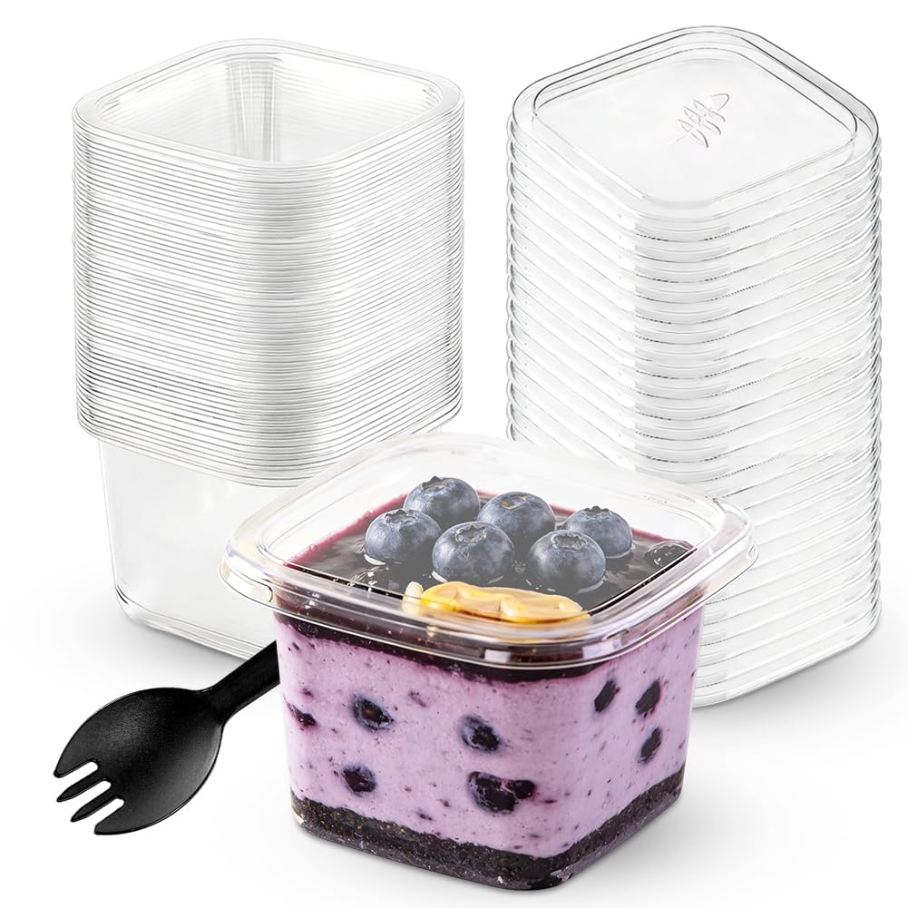 50 bicchieri da dessert in plastica da 360 ml, con coperchio e cucchiaio, riutilizzabili, trasparenti, quadrati, per la casa, dessert, budino, mousse, gelato, feste, matrimoni