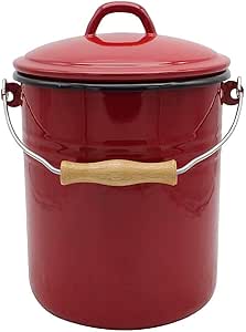 Krüger 5 Litre Enamel Steel Trash Can With Lid & Wooden Handle - Cut/Scratch Resistant, White