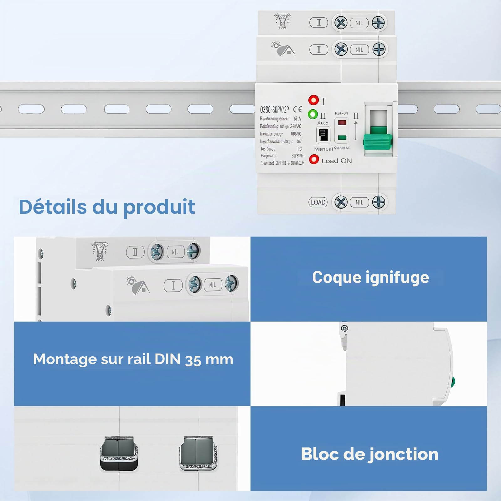 Inverseur de Source Automatique 63A 2P, Inverseur de Source monophasé 63A, Inverseur de Source, ATS 220V DIN – Commutation <50ms, Boîtier ignifugé, pour générateur et onduleur