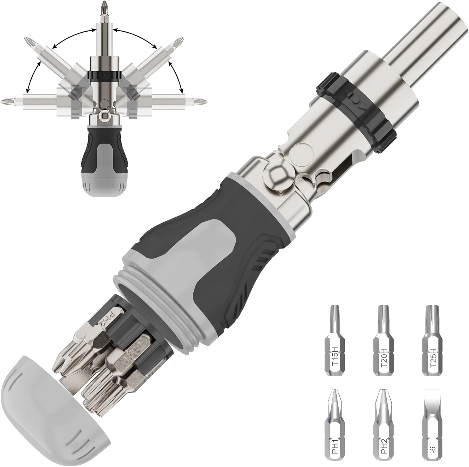180° Pivoting Ratcheting Screwdriver, 7-in-1 Magnetic Multi-Bit Screwdriver with Bits Stored in Handle, Compact Lightweight Hand Tool for Tight Spaces, Home Repair, Furniture Assembly & Bike