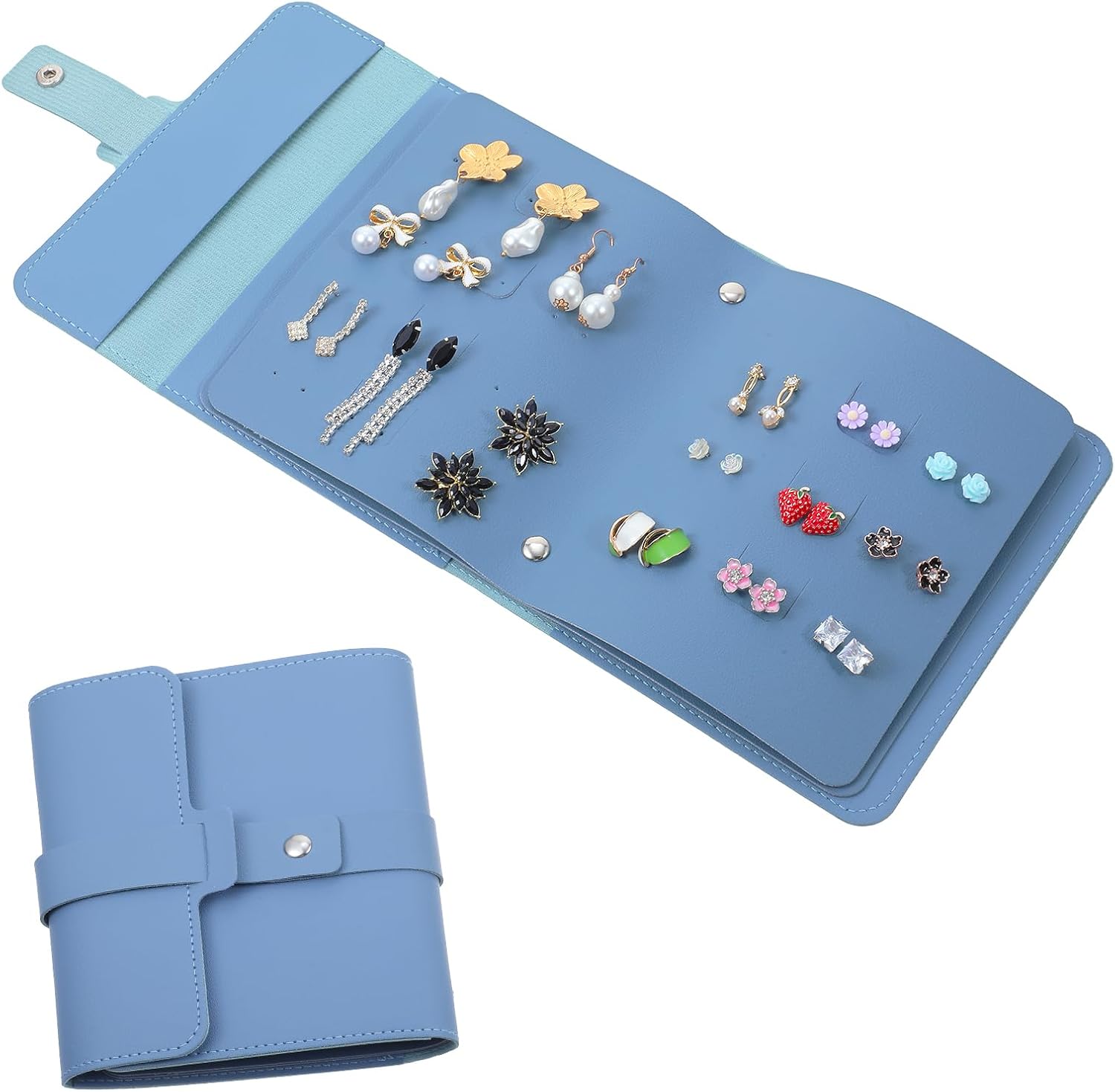 Earring Organizer with Foldable Book Design Book for Travel Earrings Organizers And Storage, Portable Pu Leather Travel Earring Case for Women Accesorios Ring(Blue)