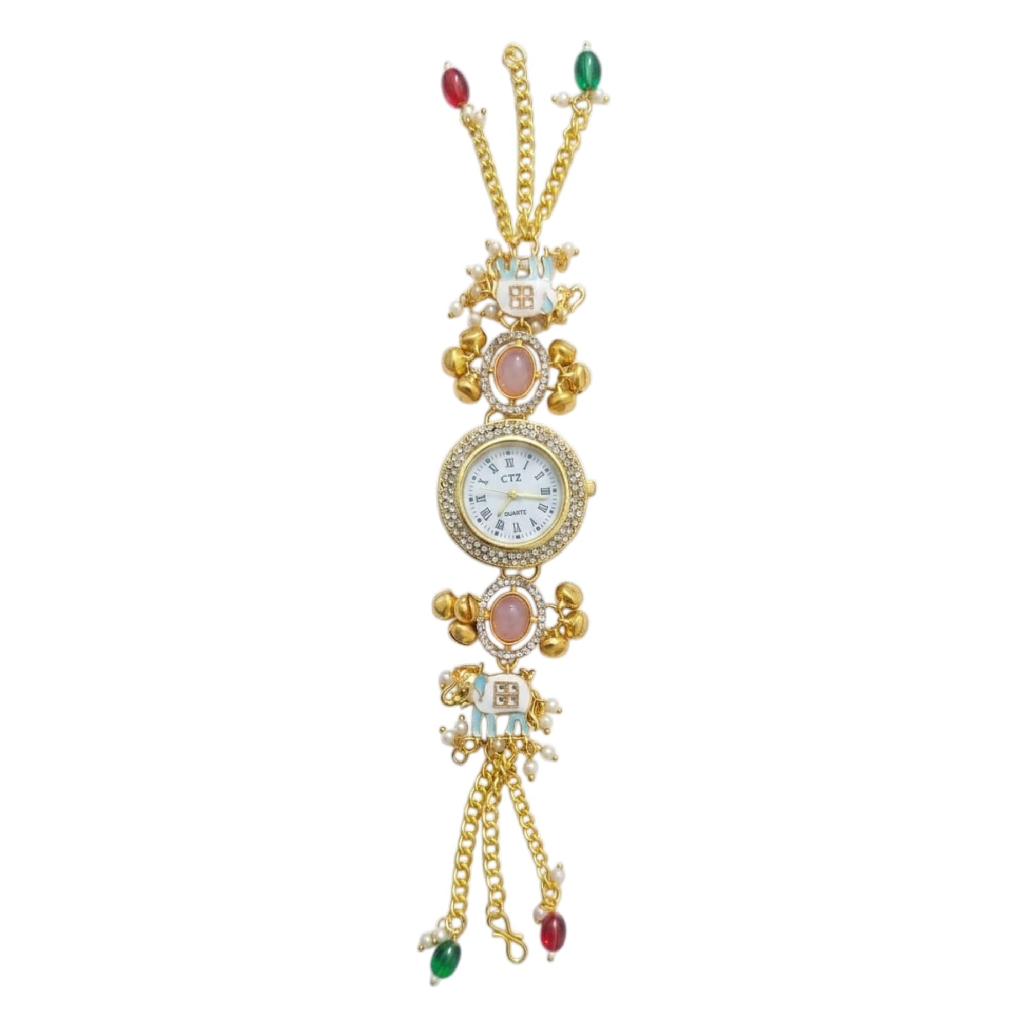 Women's Traditional Elephant Motif Bracelet Watch | Designer Ethnic Wrist Watch with Lotus Charm, Pearl Tassels & Crystal Studded Dial | Festive Wedding Jewelry Watch1005-picture-48