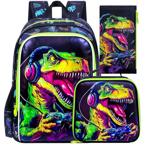 Image of WZLVO 3PCS Dinosaur Backpack for Boys, 16 Inch Kids Water Resistant Preschool Elementary Kindergarten Bookbags and Lunch Box