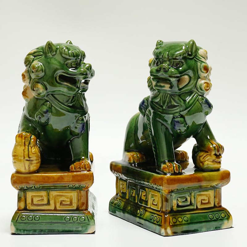 Siunwdiy Sancai Ceramic Foo Dogs, Pair of Tang Dynasty Feng Shui Guardian Lions, Handcrafted Statues for Home and Office Decor,Dark Green,5.12 * 7.48in