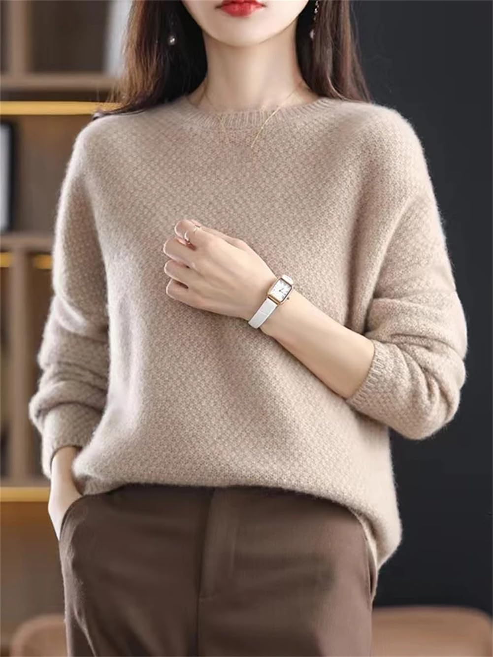 Maglione girocollo spesso in 100% lana merino da donna - Maglione casual ampio for autunno/inverno - Bianco M