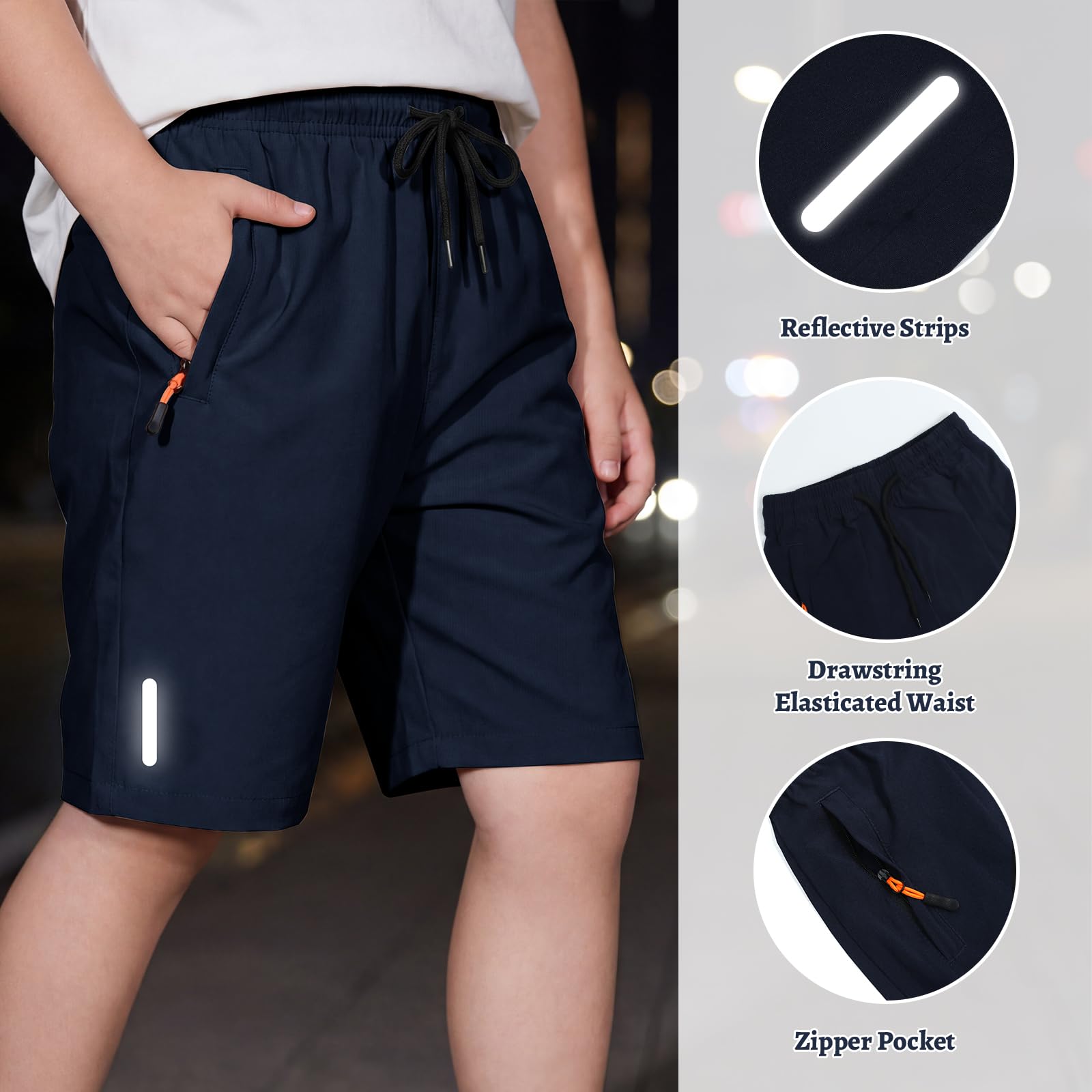 Pantaloncini Sportivi Ragazzi, Rapida Asciugatura Shorts con Strisce Riflettenti e Tasche Cerniera, Traspirante Abbigliamento Sportivo Cordino Interno Scuola Casual Bambini 6-13 Anni