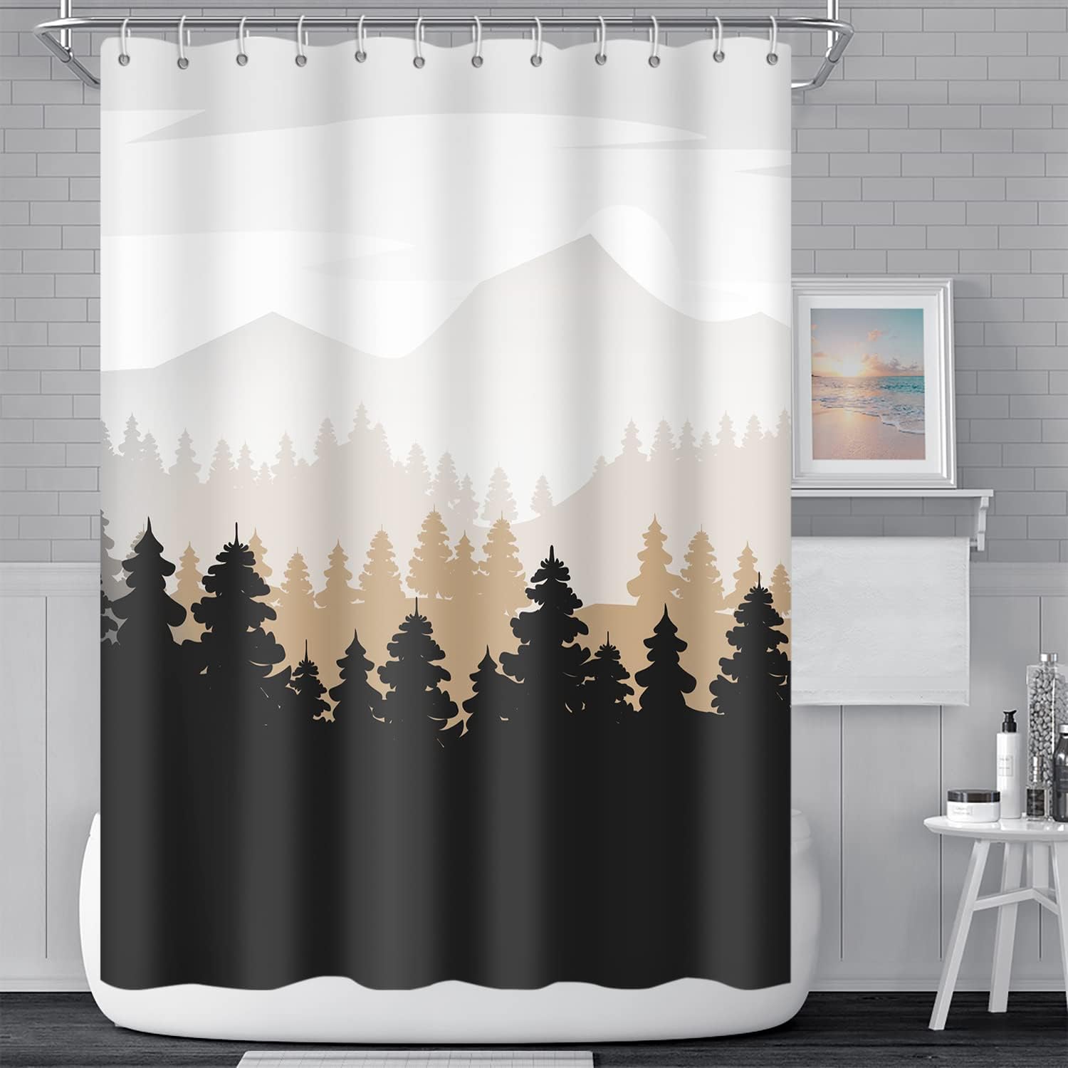 Black Misty Forest Bathroom Shower Curtain Nature Tree Hazy Mountain Woodland Bath Curtain Waterproof Polyester Fabric Shower Curtains with Hooks for Modern Home Decorative, 72x84 Inch