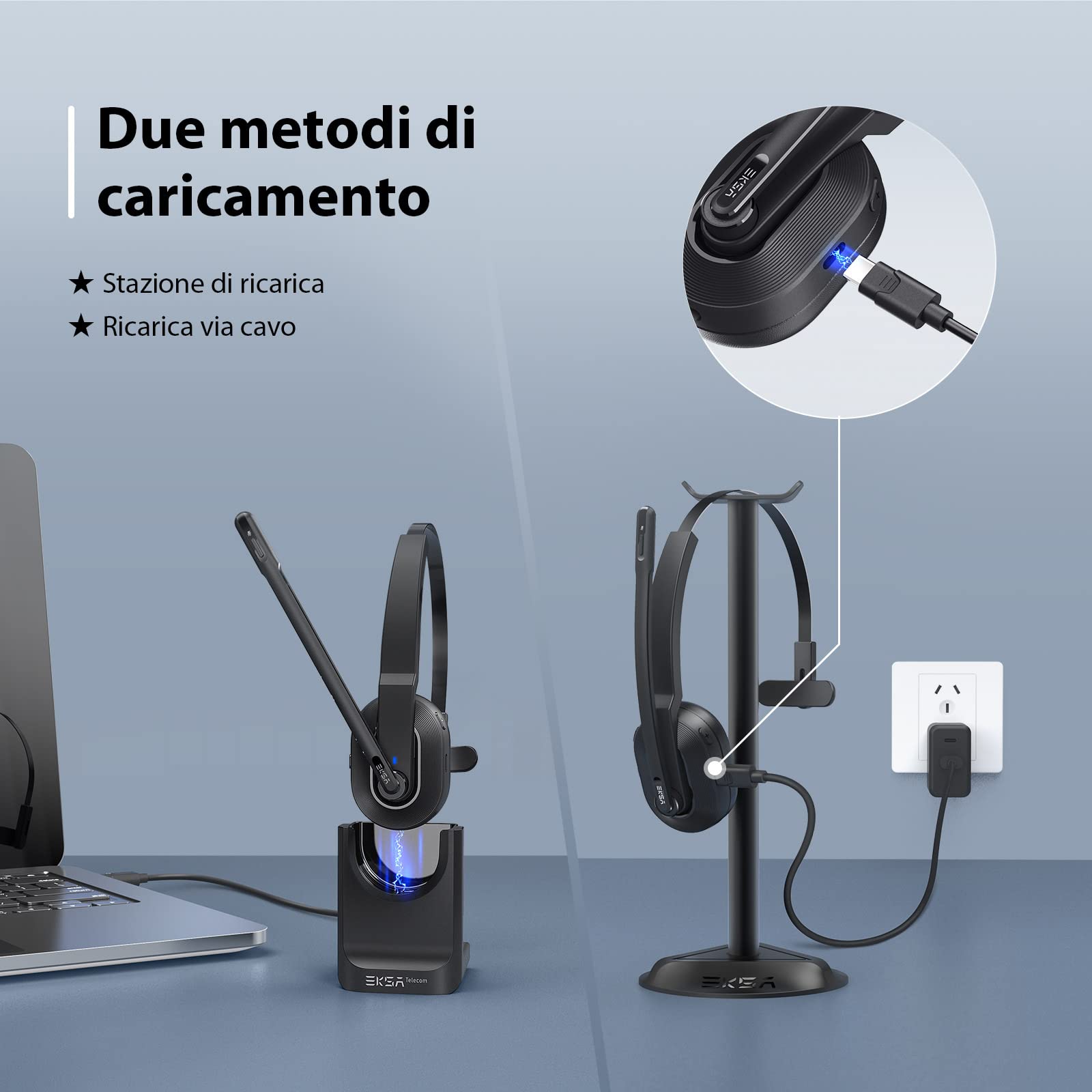 EKSA H5 Cuffie Bluetooth con Microfono e Cancellazione Del Rumore Esterno & Dongle USB [Fino a 45 Ore di Riproduzione & 10 Metri di Portata], Cuffie con Microfono senza Filo per PC, Computer, Ufficio
