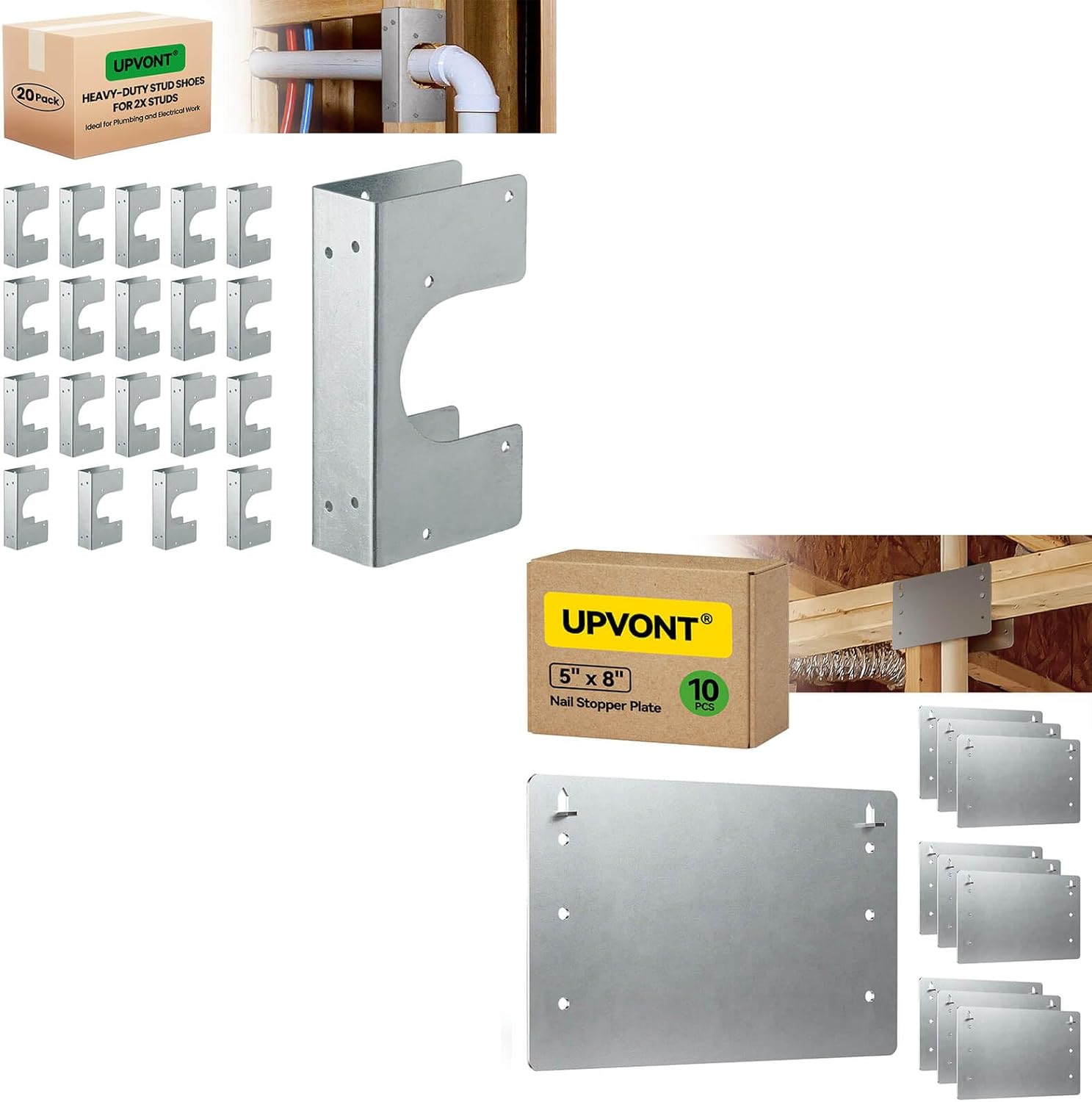 Single 2X Stud Shoes (20 PCS) & 5" x 8" Nail Stopper Plate (10 PCS), 16-Gauge Galvanized Steel – Thicker, IBC & IRC Code Compliant, Extra Durable
