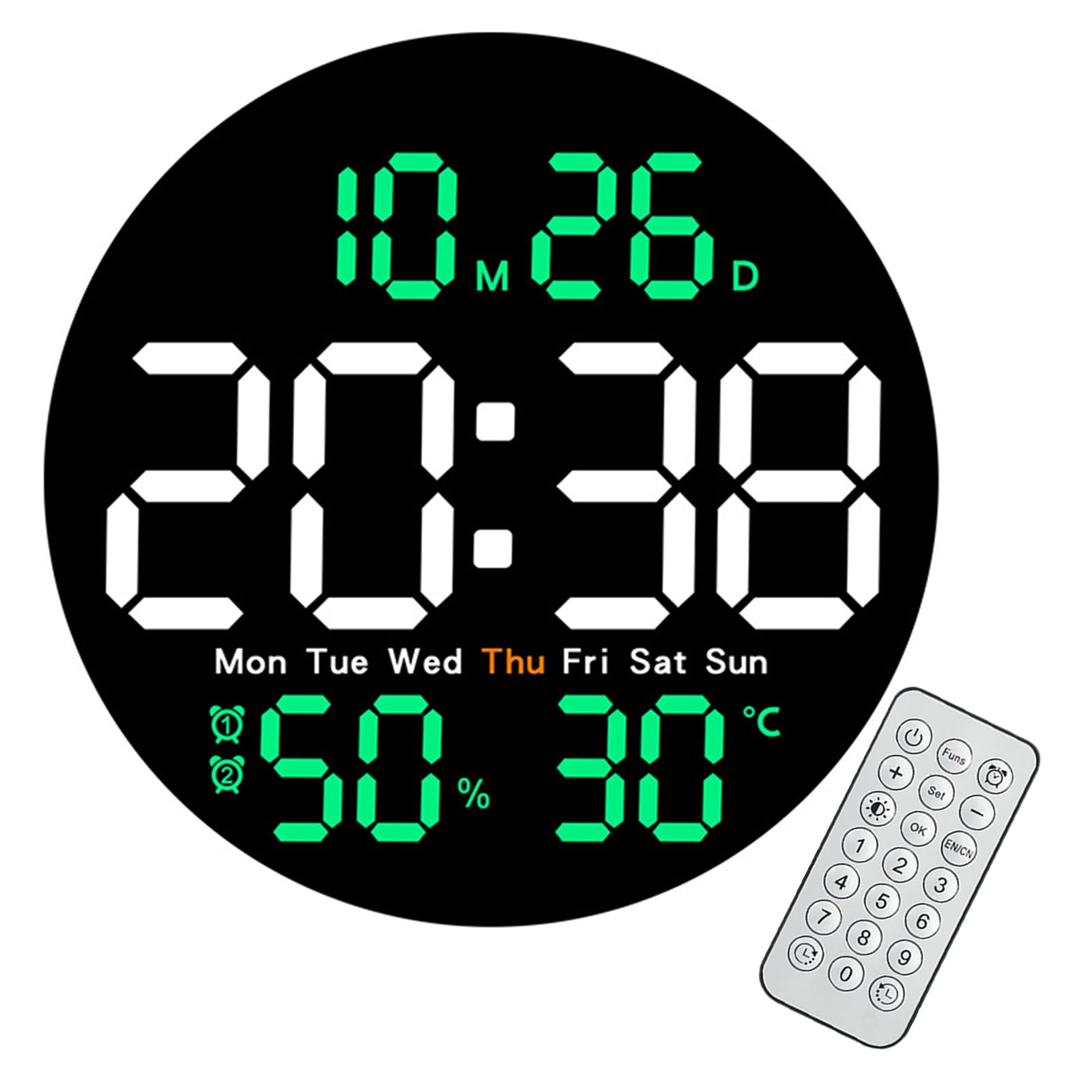 arsglaci LED Wall Clock with Temperature and Humidity Display with 10 Levels of Dimming and Remote Control.
