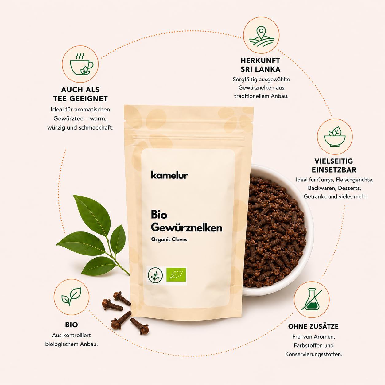 Kamelur 500g de clous de girofle biologiques entiers - clous de girofle biologiques aromatiques, sans additifs - l'épice parfaite pour le pain d'épices - dans un emballage biodégradable