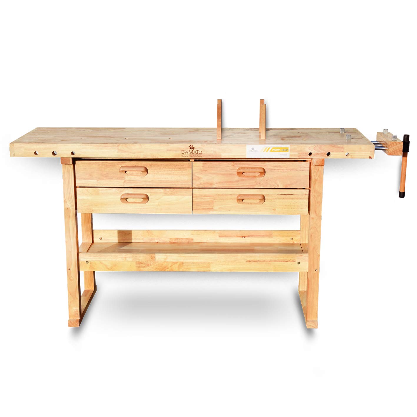 BAMATO Hobelbank WORK-1640 Werkbank Massivholz Holzhobelbank mit Schubladen | Massivholz Hobelbank mit 1520x500mm Arbeitsplatte | Inkl. 4 große Schubladen, 8 Bankhaken & 6-fach verstellbarer Spannzange