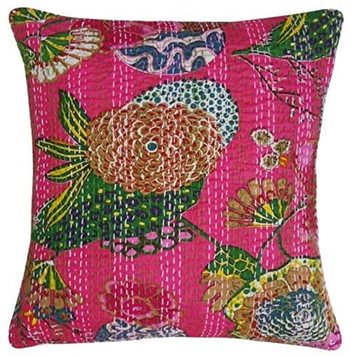 Image of Cotton Kantha Embroidery Cushion Cover (16x16-inches) (Set of 1, Pink)