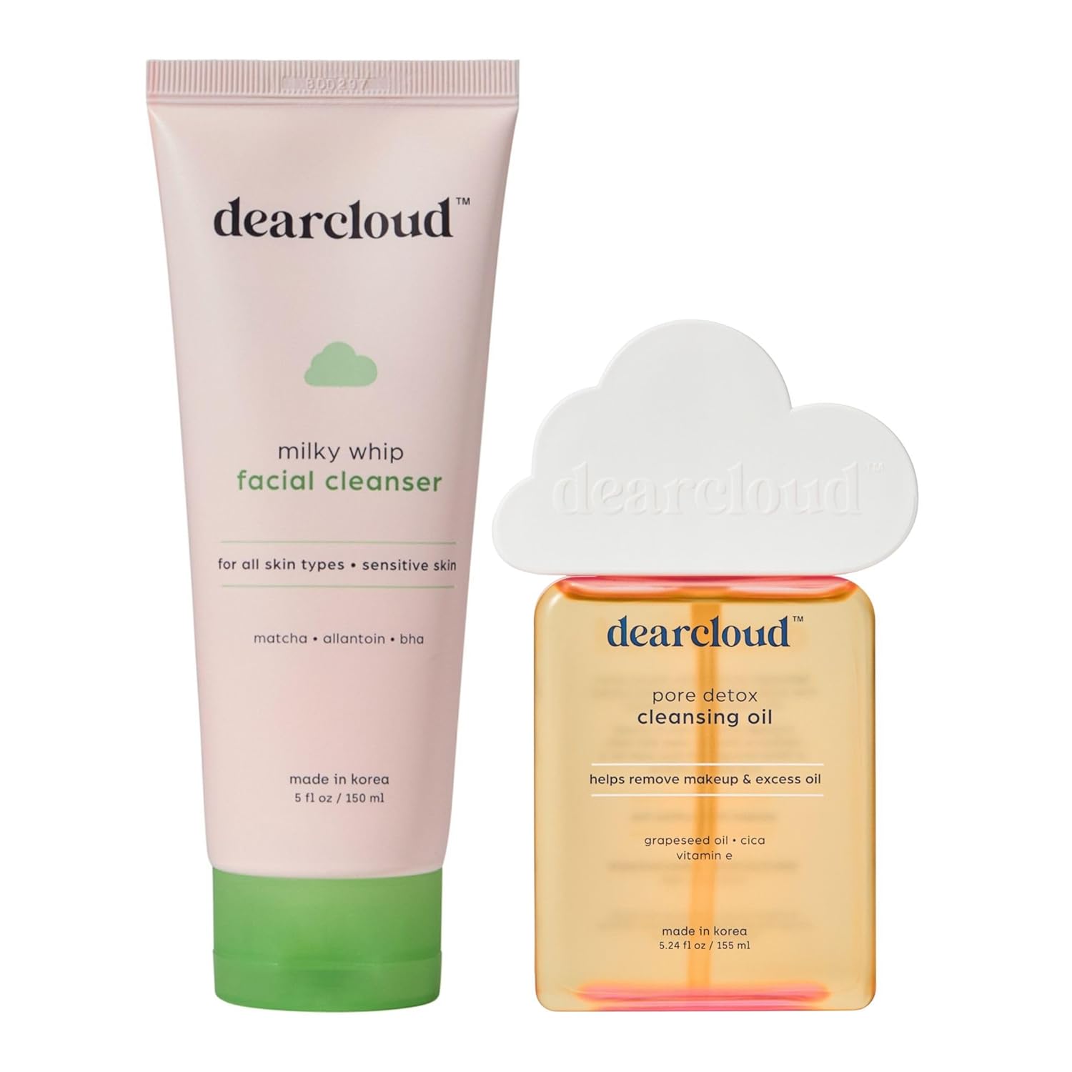 dearcloud Double Cleanse Duo – Matcha Facial Cleanser & Detox Oil Cleanser - Korean Skin Care for Deep Pore Cleaning, Gentle Face Wash & Eye Makeup Removal