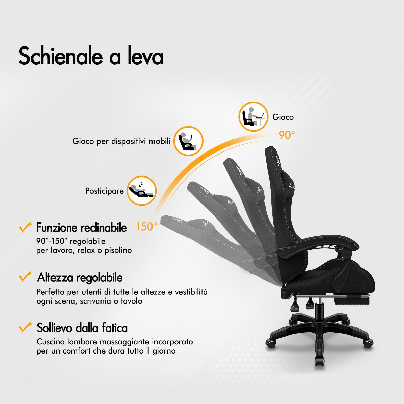 ALFORDSON Sedia Gaming Massaggiante, Sedia Gamer con Poggiapiedi Telescopico, Poltrona Ergonomica da Ufficio con Cuscino Lombare & Poggiatesta Regolabili, Regolabile 90-150°, Tessuto(Nera)
