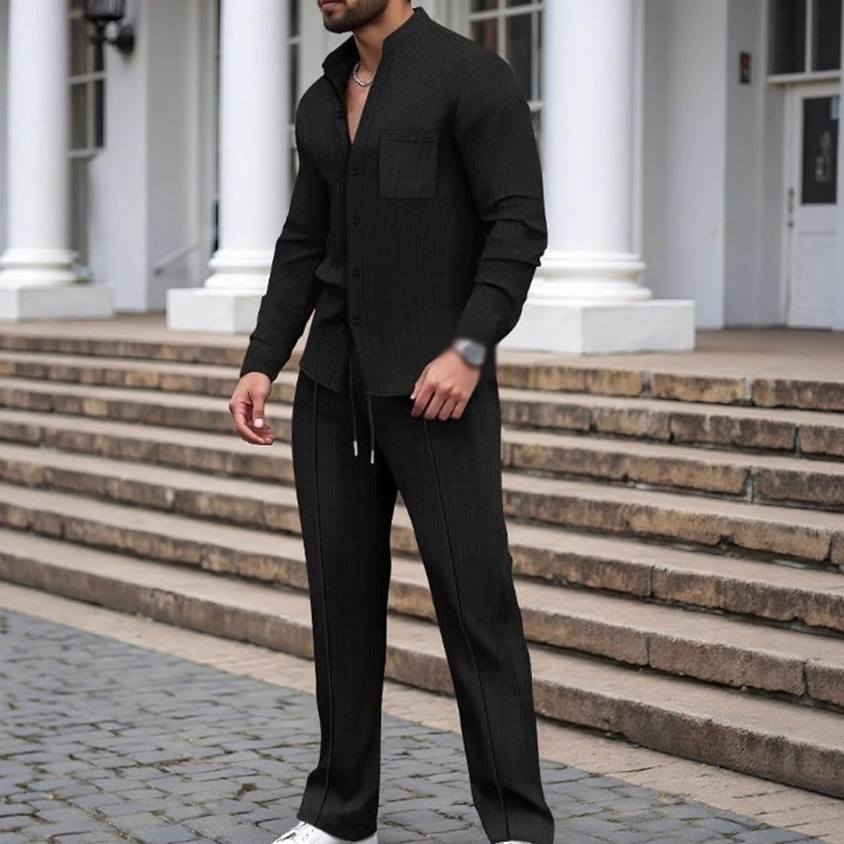 Men's Clothing Stand Collar Buttoned Weave Linen Two Piece Suit, Long Sleeve Button Down Shirt and Pants Set