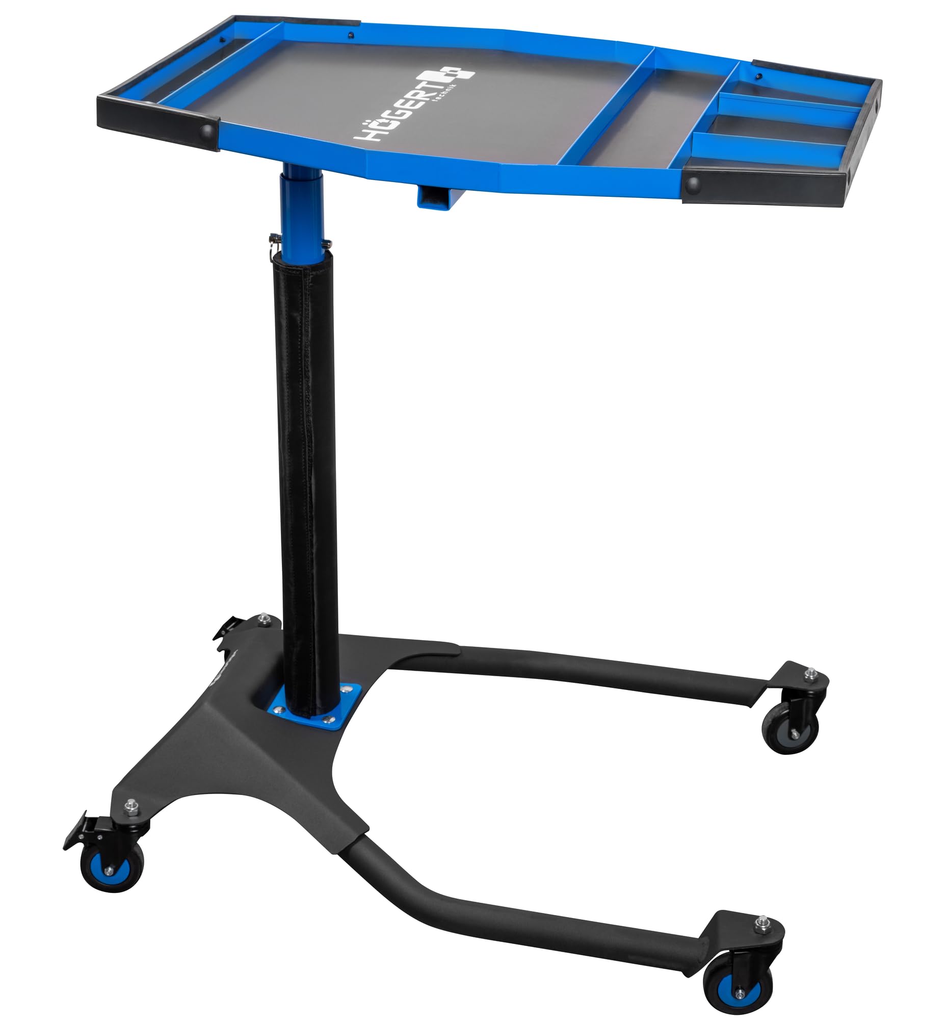 Högert Technik Mesa de Trabajo móvil HT7G564, Altura Regulable 86-120 cm, Capacidad 30 kg, Estructura en H para Taller, 4 Ruedas giratorias TPR con Freno, Azul-Negro