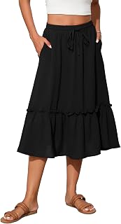 Witsmile Women's High Waist Flowy Tiered Midi Skirt with Pockets - Boho Casual Summer Skirt Below Knee