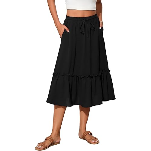 High Waist Tiered Skirts for Women Flowy Skirts for Women below Knee with Pockets 2024 Women Fashion Trendy