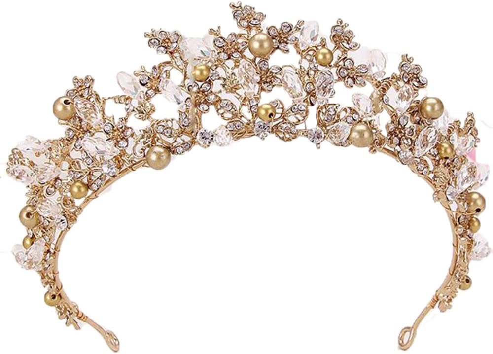 Sunshinesmile Crystal Bridal Gold Tiaras Flower Wedding Crown for Bride Wedding Pageant Hair Accessories