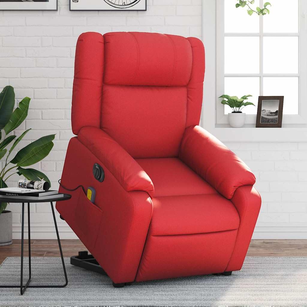 Sillón elevador eléctrico reclinable rojo de piel sintética con masaje y vibración, 6 puntos de masaje, función de elevación e inclinación de 135 grados, mando a distancia