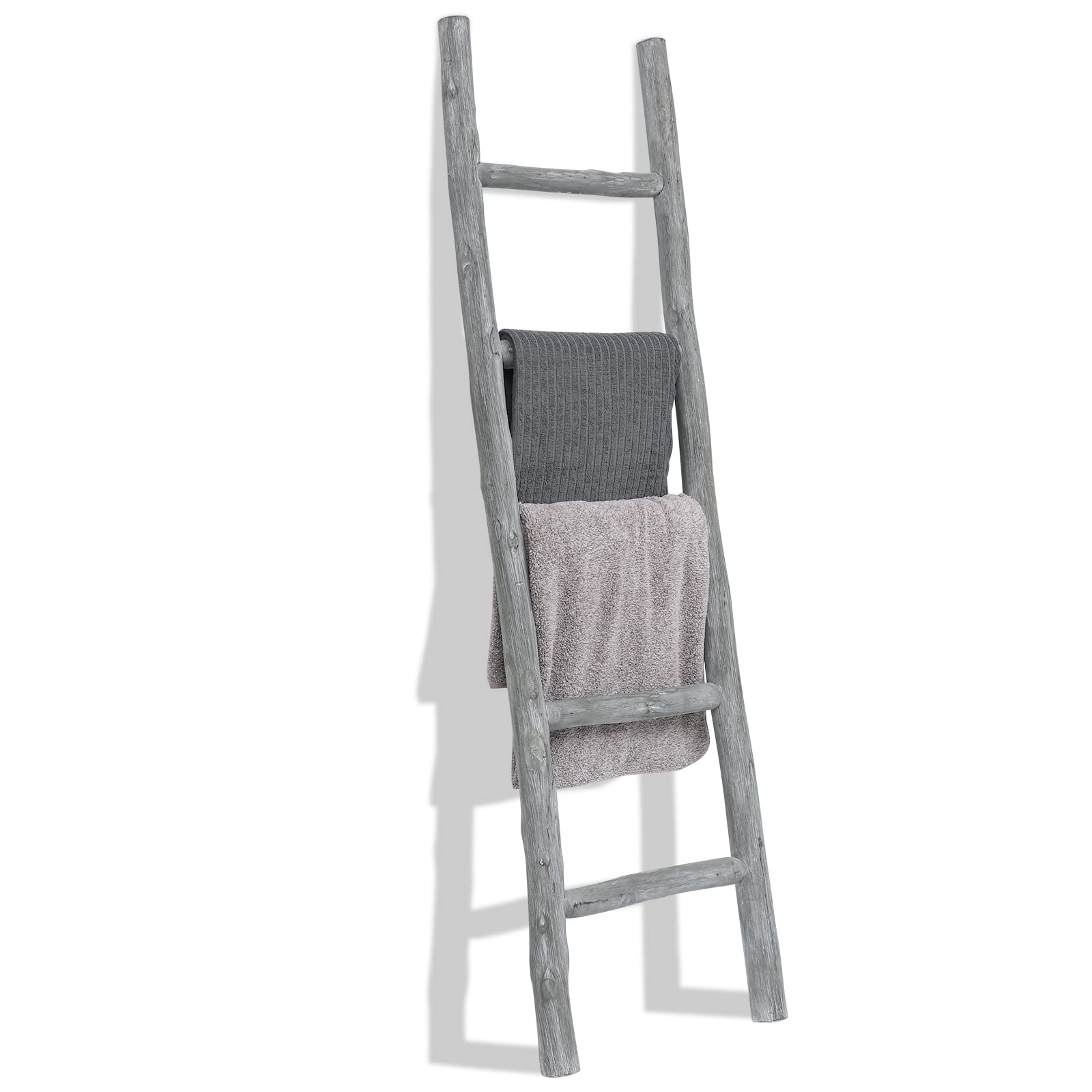 FUIN Fully Assembled 5ft Wood Blanket Ladder Living Room Decorative Wall Leaning Farmhouse Quilt Display Holder Rustic Wooden Towel Rack for Bathroom, Light Gray & Whitewashed