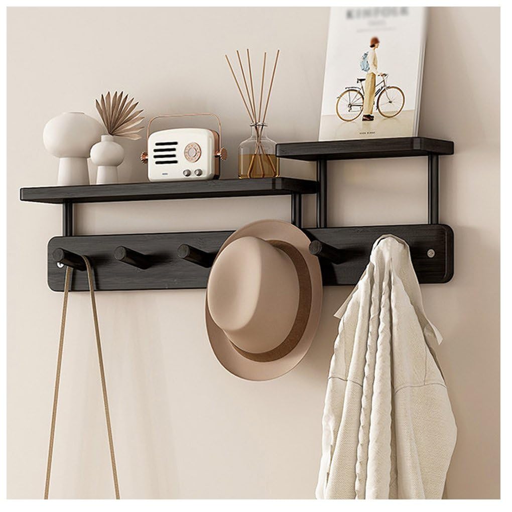 Qpkz Black Solid Wood Coat Rack With Shelf Wall Mount, Wooden Wall Hooks Entryway Hanging Rack Coat Hooks Rail Clothes Towel Racks With Hook For Coat, Bag, Towel 6Hook