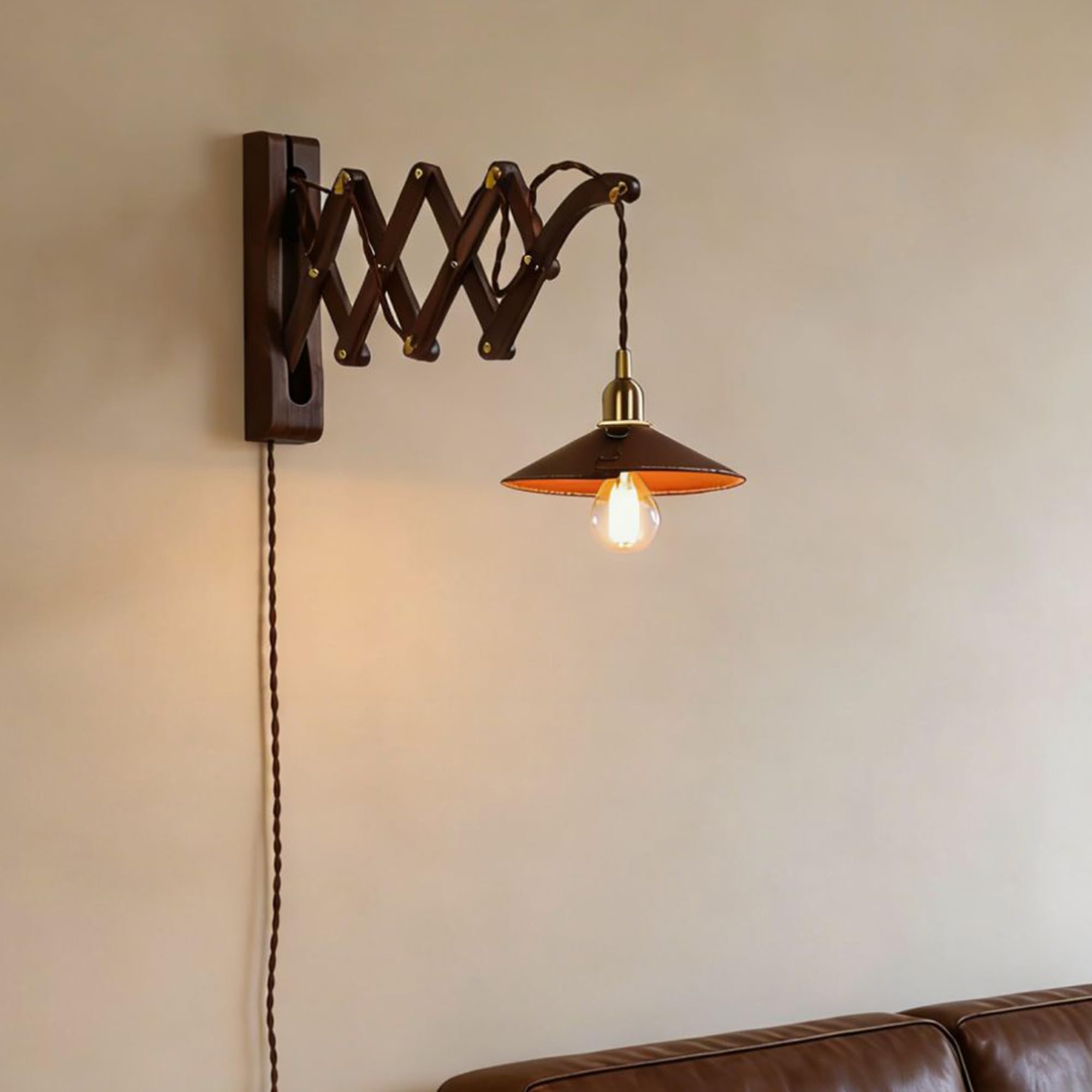 OOWOKS Applique in Legno con Interruttore Lampada a Forbice Estensibile E27 | Applique da Interno in Stile Vintage Country Braccio Regolabile Lampada da Parete con Cavo Flessibile Lampada da Comodino