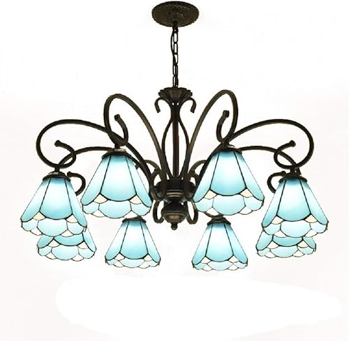 Miniatura 2 de Candelabro azul, lámpara colgante de cono Tiffany, 8 luces, lámpara de suspensión de techo de cristal azul en negro para sala de estar (3 luces)