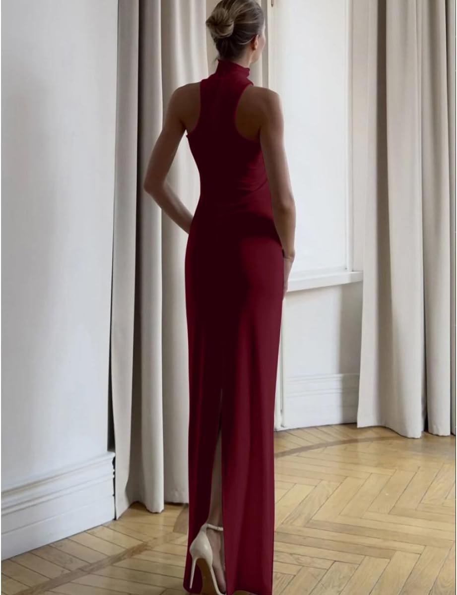 Women High Neck Bodycon Dress Summer Casual Sleeveless Back Slit Elegant Party Cocktail Maxi Formal Dresses - Image 6