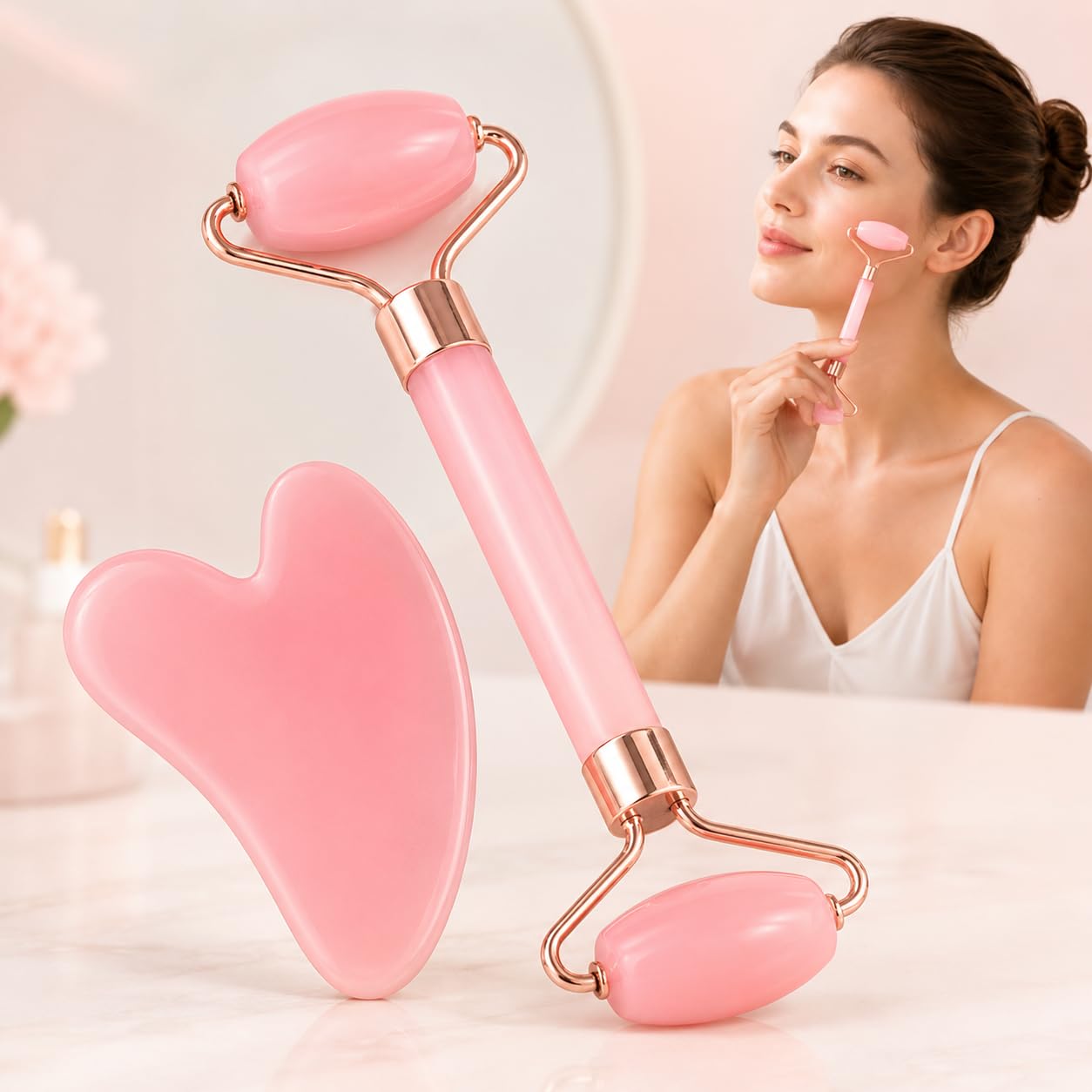 2 peças de rolo de jade manual rosa e conjunto Gua Sha | Material de resina, ferramentas