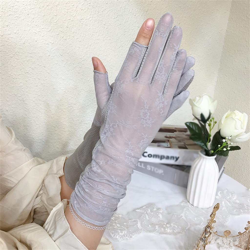 Ladies Thin Ice Silk Fingerless Breathable Mid-length Stretch Driving Riding Touch Screen Gloves