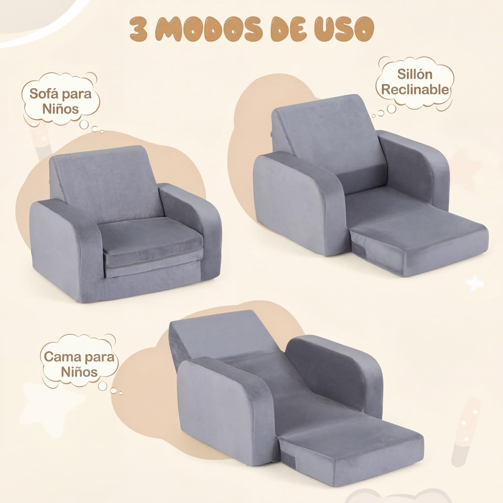 COSTWAY 3 en 1 Sofá Plegable para Niños, Sofá Cama Convertible con Terciopelo Cristal Ultra Suave y Funda Elástica, Desmontable y Lavable a Máquina, Sillón para Niños para Sala de Juegos y Guardería