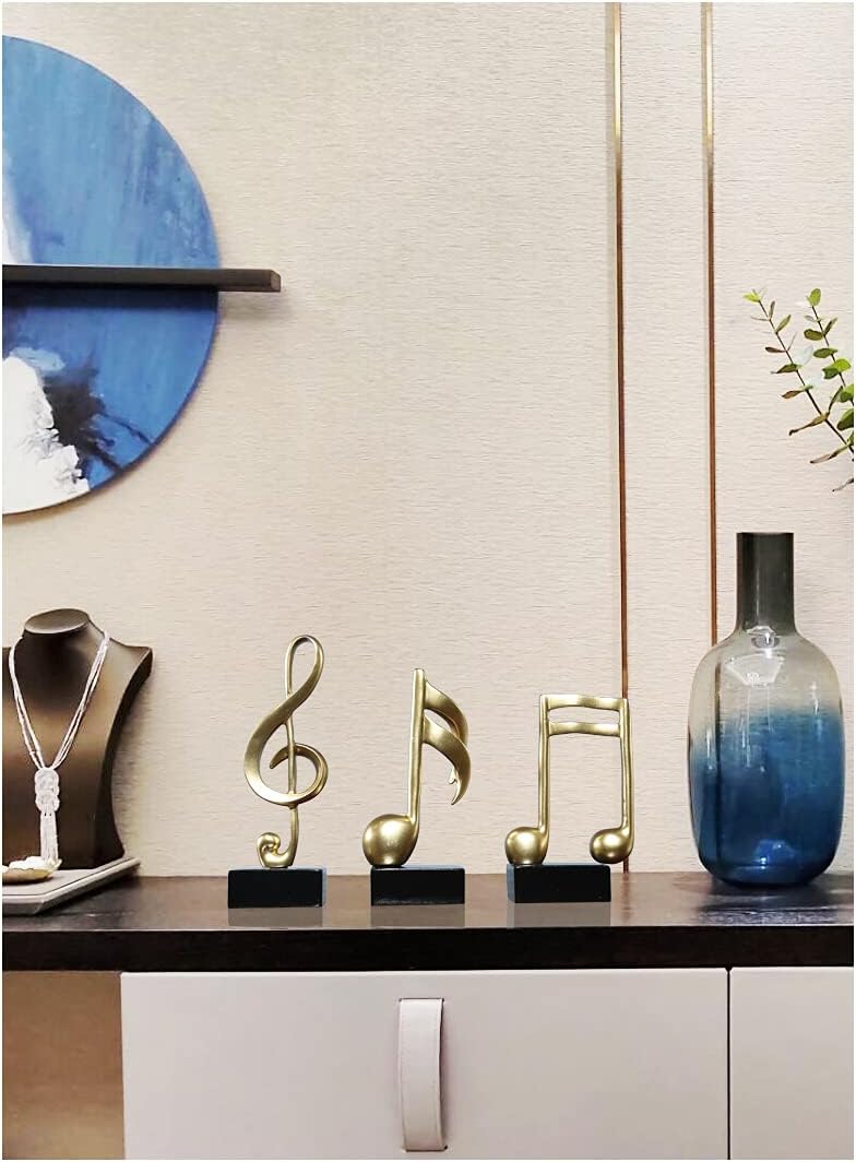 3Pcs Musical Sculptures Music Note Figurine Statue Decorative Ornaments Art Decor for Living Room Bedroom TV Cabinet Gift (Gold)