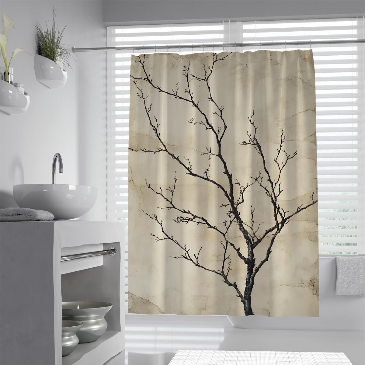 OLLIAR Home Modern Minimalist Shower Curtain Set 150x180 Ink Art Vintage Tree Branches Design Bath Curtains Country Farmhouse Waterproof Fabric Shower Curtain