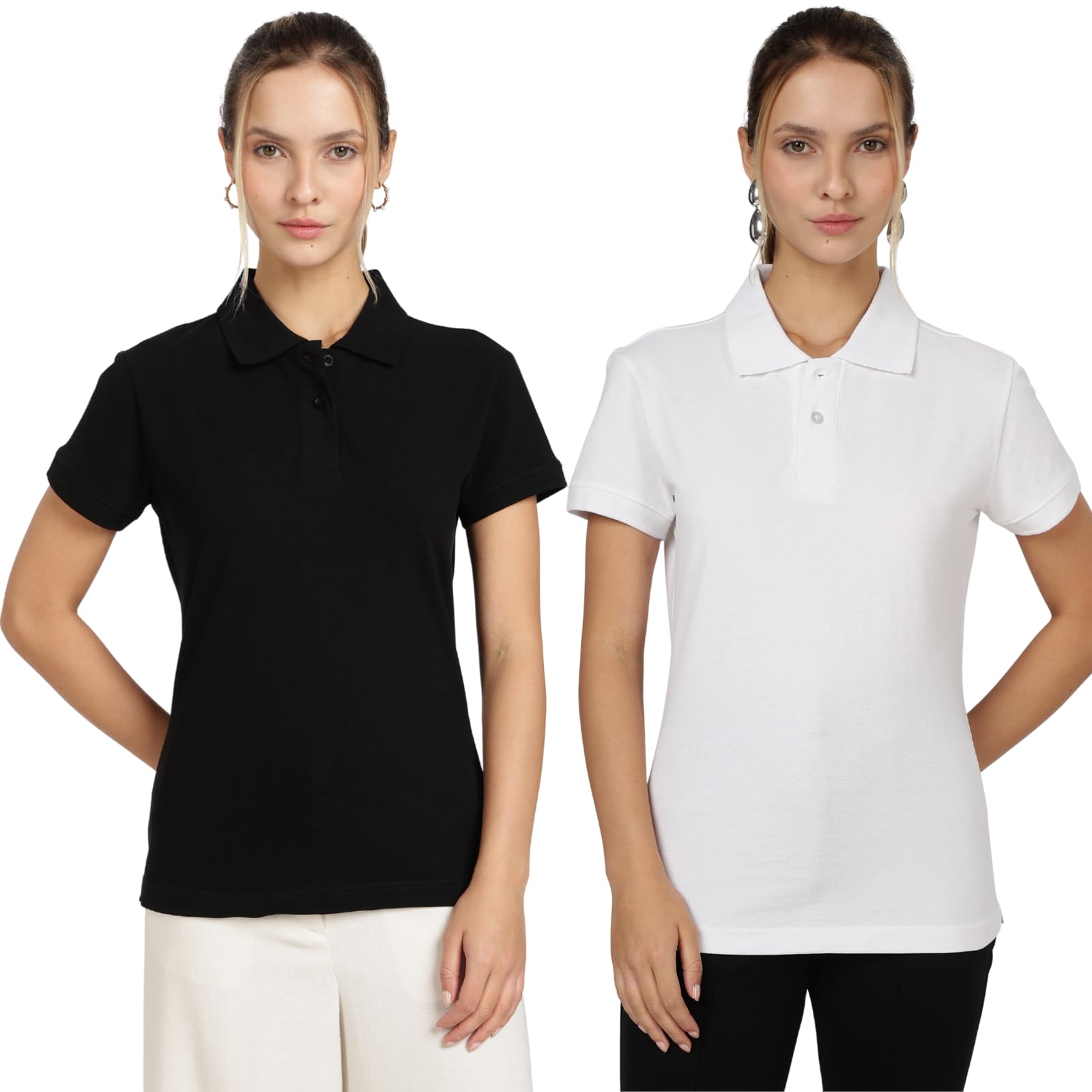bonded Women's 100% Cotton Premium Polo T-Shirt, Pack of 2, Black and White, Short Sleeve, Collar Neck-picture-14