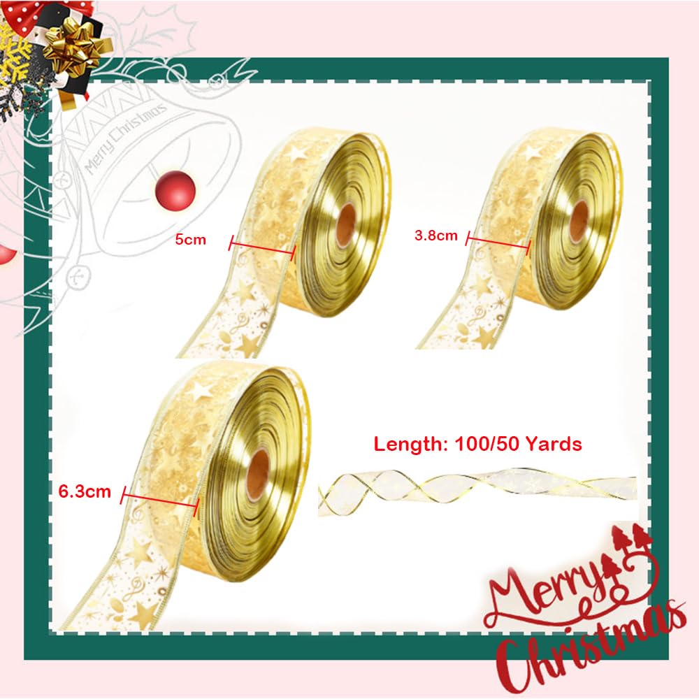 50 Yards Organzaband mit Draht Weihnachtsband 6.3CM Gold Schleifenband Geschenkband mit Sternen Musiknoten Organza Drahtband Glitzerband Weihnachtsbaum Dekoband für Party Hochzeit Kränze DIY