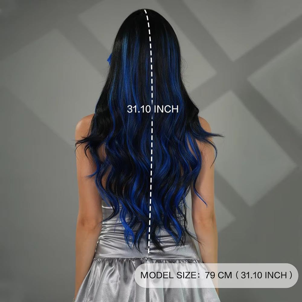 Haarpflege Lange Gewellte Schwarze Blaue Perücke Für Frauen Mit Hoher Dichte Bescheidenem Teil Und Vorhang Pony