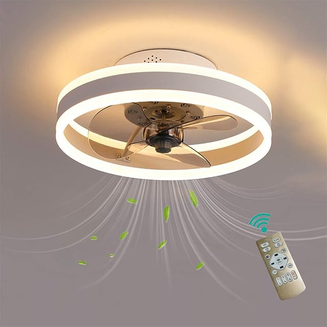 YAOXI Led Bedroom Fan Ceiling Light with Reversible Remote 6 Speeds Modern Ceiling Fans with Lights Quiet 3 Blades Dimmable 40cm Ceiling Fan Light with Timer,White