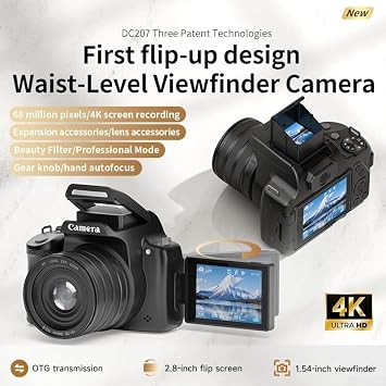 Digital Camera, 68MP with Flip Screen 28X Zoom 4K Video Viewfinder High-Definition DSLR Camera Photography Accessories for Vlogging (Camera)
