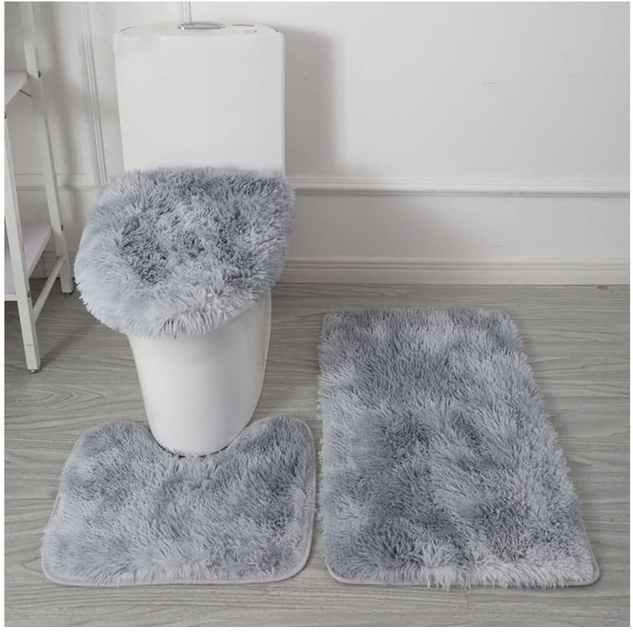 Juego de 3 alfombras de baño, alfombra + alfombrilla de contorno, funda para asiento de inodoro, microfibra súper suave, absorbente de agua y antideslizante, con respaldo de goma de PVC, lavable a máquina, color gris