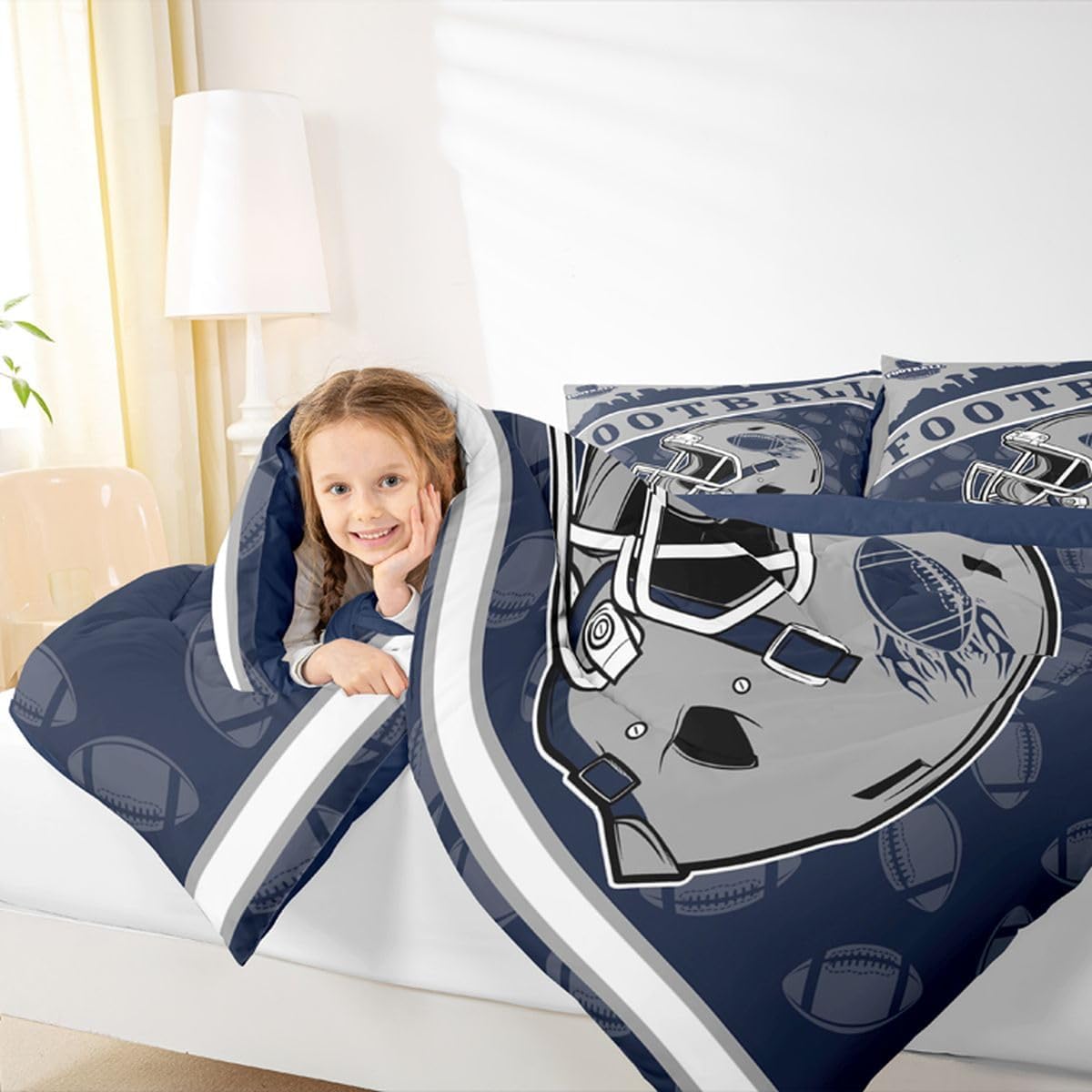 Erosebridal Classic Football City Helmet Comforter Sets, Gridiron Theme Bedding Navy and Grey Sports City Silhouette Illustration Bed Set Full for Rugby Sports Fans Gift