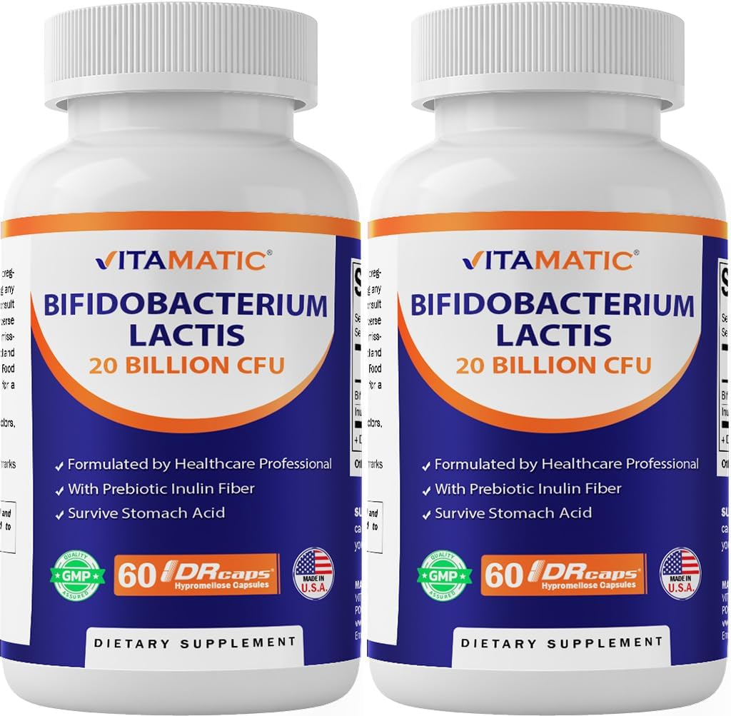 Vitamatic Bifidobacterium lactis - 20 Billion per DR Capsule - 60 Count - Digestive Support - Made with Prebiotic Inulin Fiber - 2 Pack (120 Count)