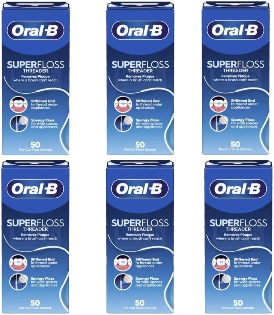 Oral-B Super Floss Threader Dental Floss, Pre-Cut Strands, 50 Count (Pack of 6) – Mint Flavor (Packaging May Vary)