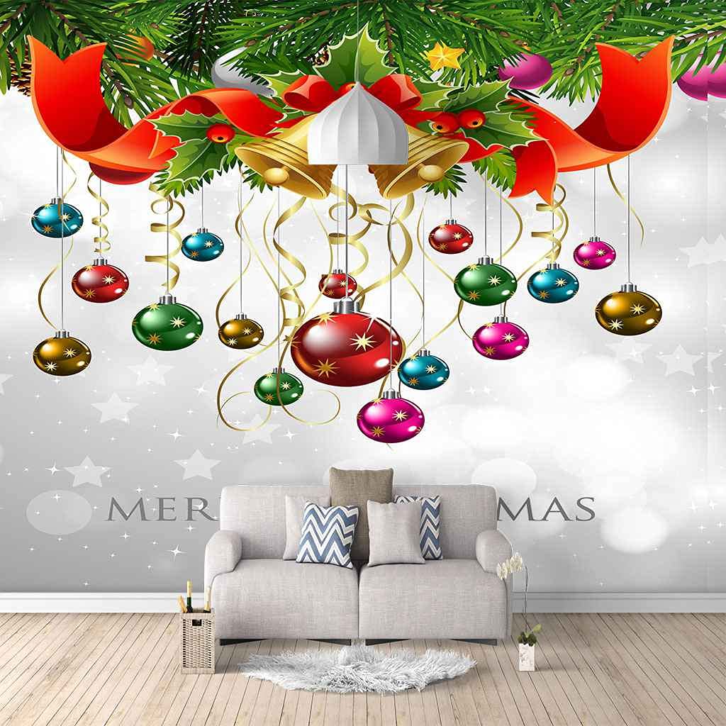 Papier Peint Boules de Noël 3D Mural Auto-adhésif Salon Toile de Fond TV 150x105 cm