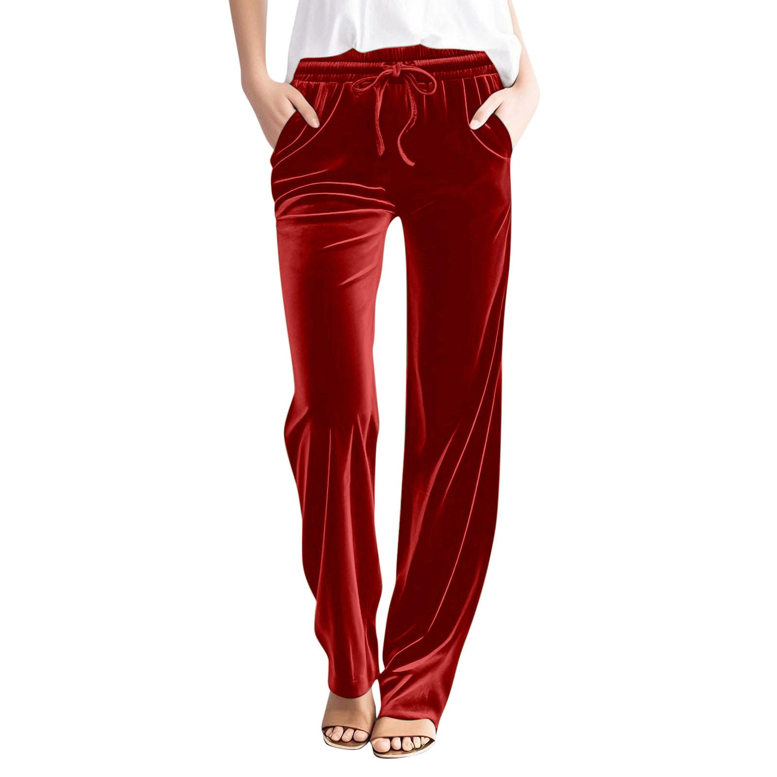 Womens Velvet Wide Leg Pants Casual Drawstring Elastic Waisted Wide Leg Trousers Soft Velour Lounge Pant with Pockets
