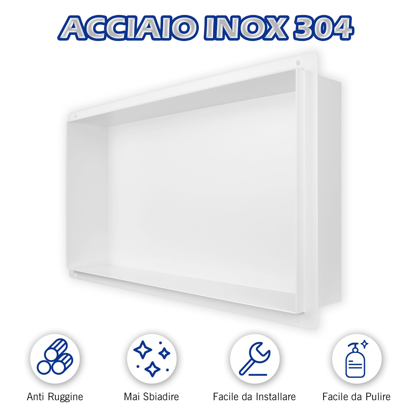 Doccia in acciaio inox bianco 60 cm × 30 cm × 10 cm Nessuna piastrella necessaria Doccia a nicchia per la conservazione del bagno, senza bordi, montaggio a filo